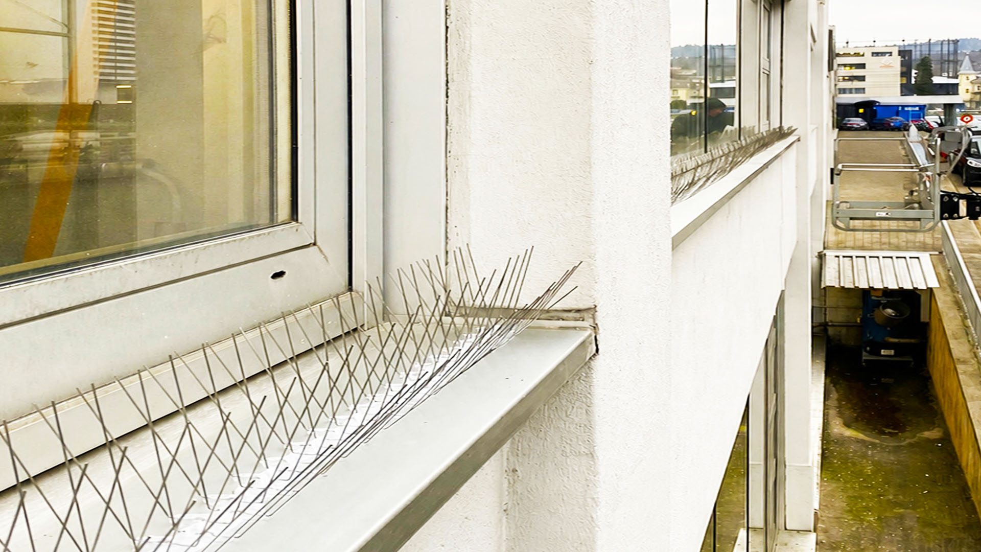 Montagearbeiten mit Hebebühne an Fassade und Dachkante für die professionelle Vogelabwehr in Cham