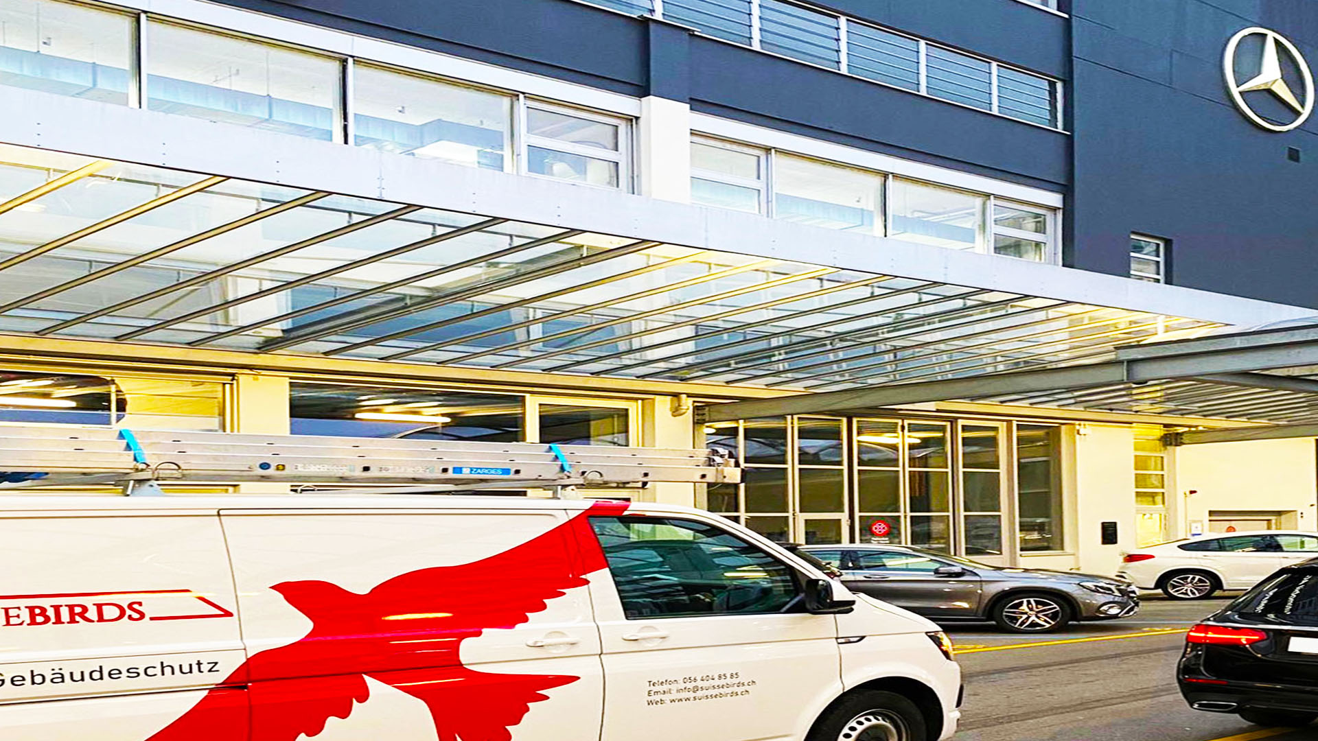 Servicefahrzeug vor einem Gebäude im Einsatz für die professionelle Vogelabwehr in Olten